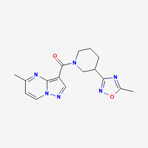 molecular formula C16H18N6O2 B7599099 [3-(5-Methyl-1,2,4-oxadiazol-3-yl)piperidin-1-yl]-(5-methylpyrazolo[1,5-a]pyrimidin-3-yl)methanone 