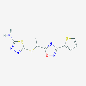 molecular formula C10H9N5OS3 B7600053 5-[1-(3-Thiophen-2-yl-1,2,4-oxadiazol-5-yl)ethylsulfanyl]-1,3,4-thiadiazol-2-amine 