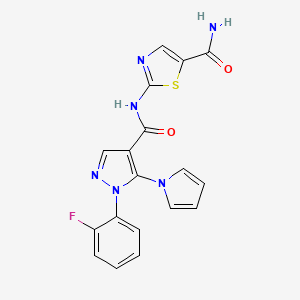 molecular formula C18H13FN6O2S B7604879 2-[[1-(2-Fluorophenyl)-5-pyrrol-1-ylpyrazole-4-carbonyl]amino]-1,3-thiazole-5-carboxamide 