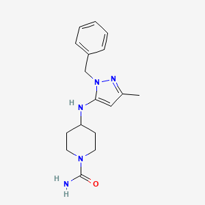 molecular formula C17H23N5O B7611621 4-[(2-Benzyl-5-methylpyrazol-3-yl)amino]piperidine-1-carboxamide 