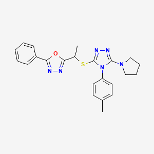 molecular formula C23H24N6OS B7613160 2-[1-[[4-(4-Methylphenyl)-5-pyrrolidin-1-yl-1,2,4-triazol-3-yl]sulfanyl]ethyl]-5-phenyl-1,3,4-oxadiazole 