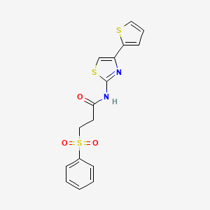 molecular formula C16H14N2O3S3 B7613251 3-(benzenesulfonyl)-N-(4-thiophen-2-yl-1,3-thiazol-2-yl)propanamide 