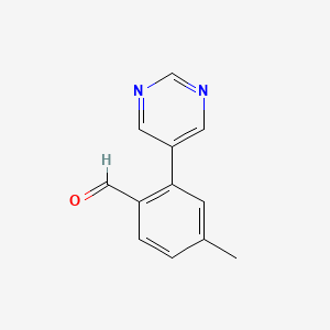 molecular formula C12H10N2O B7621600 4-Methyl-2-pyrimidin-5-ylbenzaldehyde 