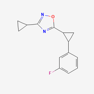 molecular formula C14H13FN2O B7622304 3-Cyclopropyl-5-[2-(3-fluorophenyl)cyclopropyl]-1,2,4-oxadiazole 