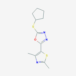 molecular formula C12H15N3OS2 B7622670 2-Cyclopentylsulfanyl-5-(2,4-dimethyl-1,3-thiazol-5-yl)-1,3,4-oxadiazole 