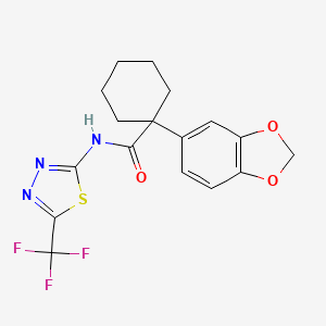 molecular formula C17H16F3N3O3S B7623372 1-(1,3-benzodioxol-5-yl)-N-[5-(trifluoromethyl)-1,3,4-thiadiazol-2-yl]cyclohexane-1-carboxamide 