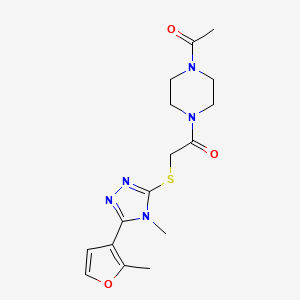 molecular formula C16H21N5O3S B7625585 1-(4-Acetylpiperazin-1-yl)-2-[[4-methyl-5-(2-methylfuran-3-yl)-1,2,4-triazol-3-yl]sulfanyl]ethanone 