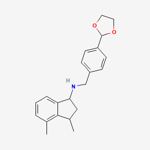 molecular formula C21H25NO2 B7627424 N-[[4-(1,3-dioxolan-2-yl)phenyl]methyl]-3,4-dimethyl-2,3-dihydro-1H-inden-1-amine 