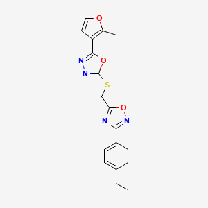 molecular formula C18H16N4O3S B7628214 2-[[3-(4-Ethylphenyl)-1,2,4-oxadiazol-5-yl]methylsulfanyl]-5-(2-methylfuran-3-yl)-1,3,4-oxadiazole 