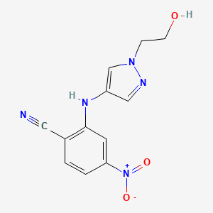 molecular formula C12H11N5O3 B7630297 2-[[1-(2-Hydroxyethyl)pyrazol-4-yl]amino]-4-nitrobenzonitrile 