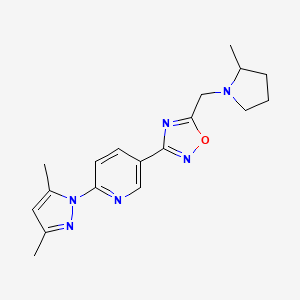 molecular formula C18H22N6O B7631219 3-[6-(3,5-Dimethylpyrazol-1-yl)pyridin-3-yl]-5-[(2-methylpyrrolidin-1-yl)methyl]-1,2,4-oxadiazole 