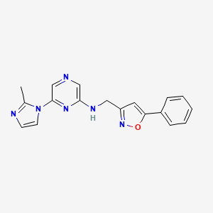 molecular formula C18H16N6O B7631299 6-(2-methylimidazol-1-yl)-N-[(5-phenyl-1,2-oxazol-3-yl)methyl]pyrazin-2-amine 