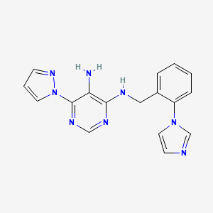 molecular formula C17H16N8 B7631338 4-N-[(2-imidazol-1-ylphenyl)methyl]-6-pyrazol-1-ylpyrimidine-4,5-diamine 