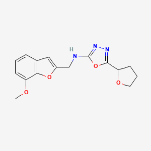 molecular formula C16H17N3O4 B7632435 N-[(7-methoxy-1-benzofuran-2-yl)methyl]-5-(oxolan-2-yl)-1,3,4-oxadiazol-2-amine 