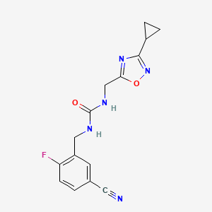 molecular formula C15H14FN5O2 B7632541 1-[(5-Cyano-2-fluorophenyl)methyl]-3-[(3-cyclopropyl-1,2,4-oxadiazol-5-yl)methyl]urea 