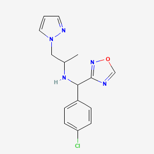 molecular formula C15H16ClN5O B7632889 N-[(4-chlorophenyl)-(1,2,4-oxadiazol-3-yl)methyl]-1-pyrazol-1-ylpropan-2-amine 