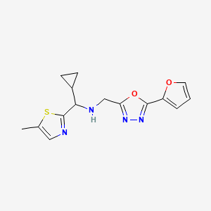 molecular formula C15H16N4O2S B7632904 1-cyclopropyl-N-[[5-(furan-2-yl)-1,3,4-oxadiazol-2-yl]methyl]-1-(5-methyl-1,3-thiazol-2-yl)methanamine 