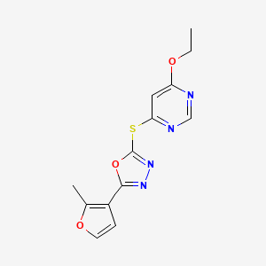 molecular formula C13H12N4O3S B7633103 2-(6-Ethoxypyrimidin-4-yl)sulfanyl-5-(2-methylfuran-3-yl)-1,3,4-oxadiazole 