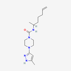 molecular formula C16H27N5O B7633201 N-hept-6-en-2-yl-4-(5-methyl-1H-pyrazol-3-yl)piperazine-1-carboxamide 