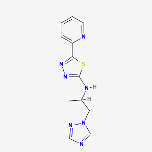 molecular formula C12H13N7S B7634349 5-pyridin-2-yl-N-[1-(1,2,4-triazol-1-yl)propan-2-yl]-1,3,4-thiadiazol-2-amine 