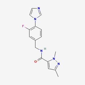 molecular formula C16H16FN5O B7634793 N-[(3-fluoro-4-imidazol-1-ylphenyl)methyl]-2,5-dimethylpyrazole-3-carboxamide 