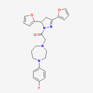 molecular formula C24H25FN4O3 B7635568 1-[3,5-Bis(furan-2-yl)-3,4-dihydropyrazol-2-yl]-2-[4-(4-fluorophenyl)-1,4-diazepan-1-yl]ethanone 