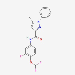 molecular formula C18H14F3N3O2 B7635703 N-[4-(difluoromethoxy)-3-fluorophenyl]-5-methyl-1-phenylpyrazole-3-carboxamide 