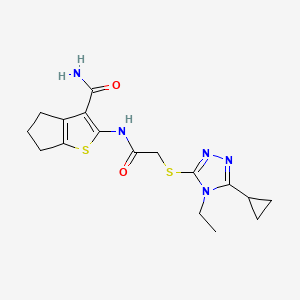 molecular formula C17H21N5O2S2 B7635869 2-[[2-[(5-cyclopropyl-4-ethyl-1,2,4-triazol-3-yl)sulfanyl]acetyl]amino]-5,6-dihydro-4H-cyclopenta[b]thiophene-3-carboxamide 