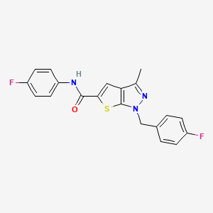 molecular formula C20H15F2N3OS B7635930 N-(4-fluorophenyl)-1-[(4-fluorophenyl)methyl]-3-methylthieno[2,3-c]pyrazole-5-carboxamide 