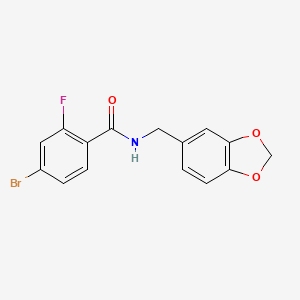 molecular formula C15H11BrFNO3 B7636647 N-(1,3-benzodioxol-5-ylmethyl)-4-bromo-2-fluorobenzamide 