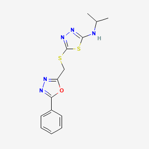 molecular formula C14H15N5OS2 B7636867 5-[(5-phenyl-1,3,4-oxadiazol-2-yl)methylsulfanyl]-N-propan-2-yl-1,3,4-thiadiazol-2-amine 