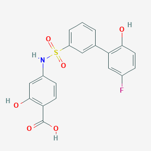molecular formula C19H14FNO6S B7637268 4-[[3-(5-Fluoranyl-2-oxidanyl-phenyl)phenyl]sulfonylamino]-2-oxidanyl-benzoic acid 