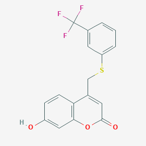 molecular formula C17H11F3O3S B7637423 7-Hydroxy-4-[[3-(trifluoromethyl)phenyl]sulfanylmethyl]chromen-2-one 