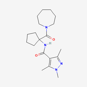 molecular formula C19H30N4O2 B7639127 N-[1-(azepane-1-carbonyl)cyclopentyl]-1,3,5-trimethylpyrazole-4-carboxamide 