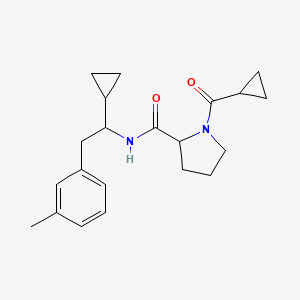 molecular formula C21H28N2O2 B7639283 1-(cyclopropanecarbonyl)-N-[1-cyclopropyl-2-(3-methylphenyl)ethyl]pyrrolidine-2-carboxamide 