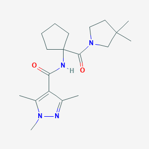 molecular formula C19H30N4O2 B7639433 N-[1-(3,3-dimethylpyrrolidine-1-carbonyl)cyclopentyl]-1,3,5-trimethylpyrazole-4-carboxamide 