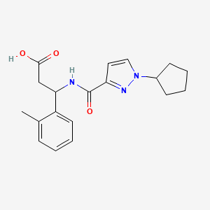 molecular formula C19H23N3O3 B7641487 3-[(1-Cyclopentylpyrazole-3-carbonyl)amino]-3-(2-methylphenyl)propanoic acid 