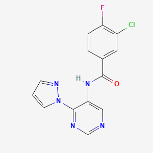 molecular formula C14H9ClFN5O B7641756 3-chloro-4-fluoro-N-(4-pyrazol-1-ylpyrimidin-5-yl)benzamide 