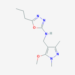 molecular formula C12H19N5O2 B7641802 N-[(5-methoxy-1,3-dimethylpyrazol-4-yl)methyl]-5-propyl-1,3,4-oxadiazol-2-amine 