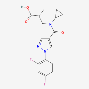 molecular formula C17H17F2N3O3 B7642039 3-[Cyclopropyl-[1-(2,4-difluorophenyl)pyrazole-4-carbonyl]amino]-2-methylpropanoic acid 