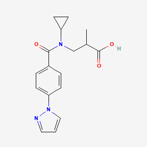 molecular formula C17H19N3O3 B7642162 3-[Cyclopropyl-(4-pyrazol-1-ylbenzoyl)amino]-2-methylpropanoic acid 