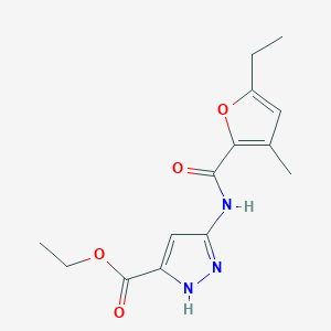 molecular formula C14H17N3O4 B7642488 ethyl 3-[(5-ethyl-3-methylfuran-2-carbonyl)amino]-1H-pyrazole-5-carboxylate 