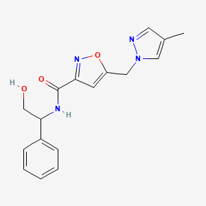 molecular formula C17H18N4O3 B7642562 N-(2-hydroxy-1-phenylethyl)-5-[(4-methylpyrazol-1-yl)methyl]-1,2-oxazole-3-carboxamide 