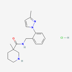 molecular formula C18H25ClN4O B7642926 3-methyl-N-[[2-(3-methylpyrazol-1-yl)phenyl]methyl]piperidine-3-carboxamide;hydrochloride 