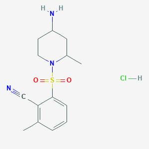 molecular formula C14H20ClN3O2S B7642974 2-(4-Amino-2-methylpiperidin-1-yl)sulfonyl-6-methylbenzonitrile;hydrochloride 