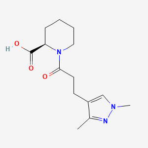 molecular formula C14H21N3O3 B7643752 (2R)-1-[3-(1,3-dimethylpyrazol-4-yl)propanoyl]piperidine-2-carboxylic acid 