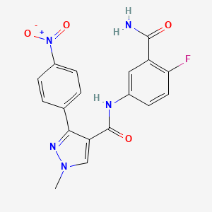 molecular formula C18H14FN5O4 B7646358 N-(3-carbamoyl-4-fluorophenyl)-1-methyl-3-(4-nitrophenyl)pyrazole-4-carboxamide 