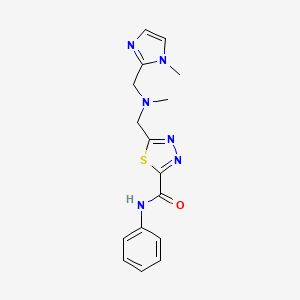 molecular formula C16H18N6OS B7647294 5-[[methyl-[(1-methylimidazol-2-yl)methyl]amino]methyl]-N-phenyl-1,3,4-thiadiazole-2-carboxamide 