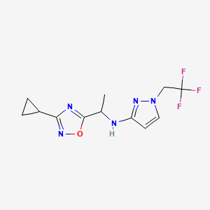 molecular formula C12H14F3N5O B7647897 N-[1-(3-cyclopropyl-1,2,4-oxadiazol-5-yl)ethyl]-1-(2,2,2-trifluoroethyl)pyrazol-3-amine 