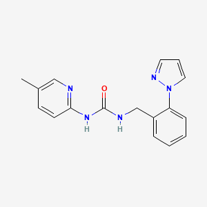 molecular formula C17H17N5O B7649592 1-(5-Methylpyridin-2-yl)-3-[(2-pyrazol-1-ylphenyl)methyl]urea 